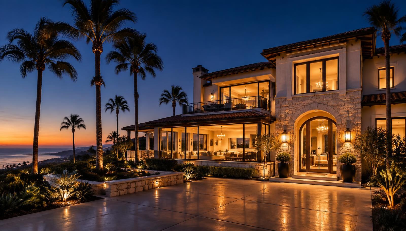 Luxury San Diego coastal home glowing with warm landscape lighting at dusk